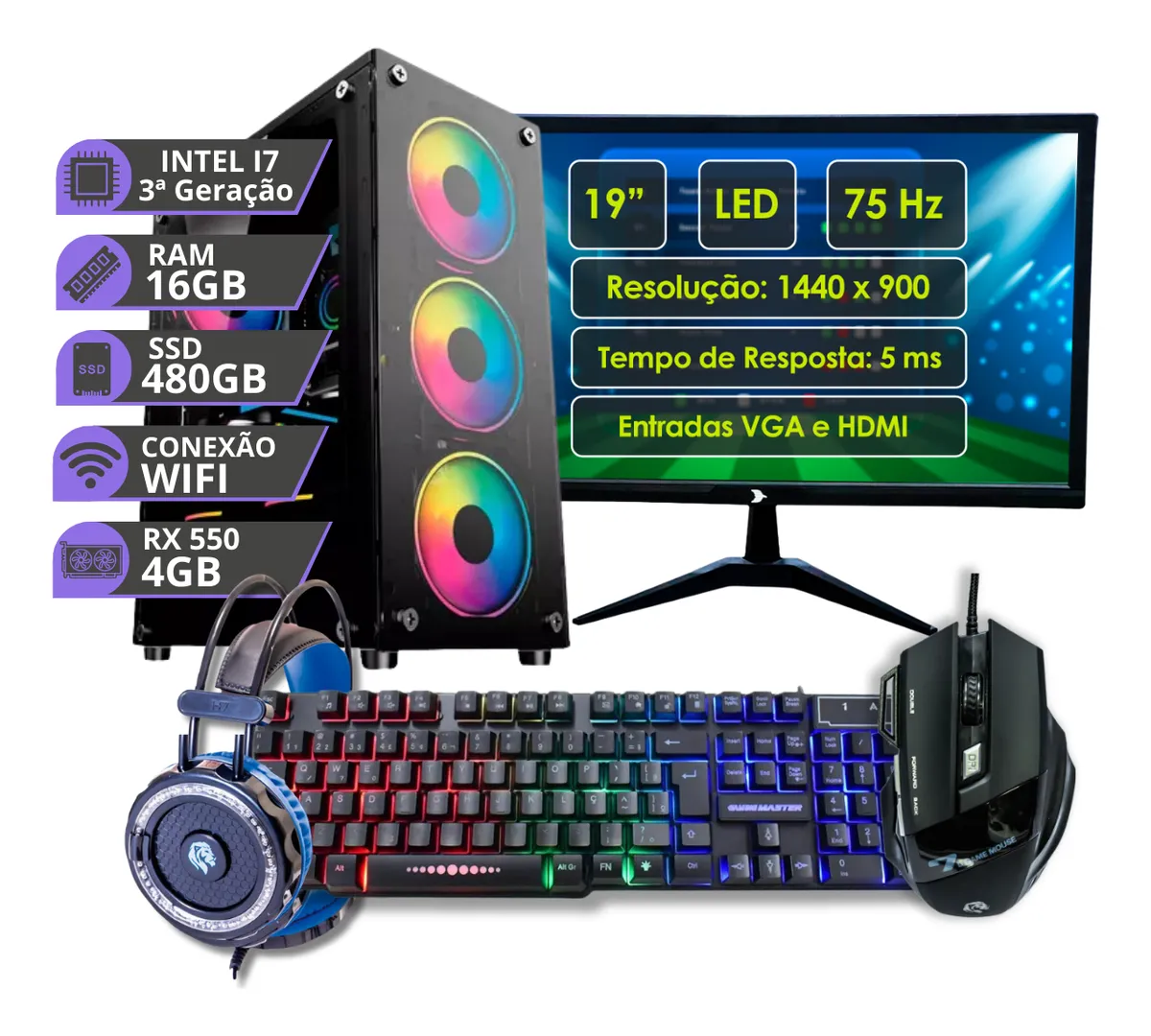 Pc Gamer Completo Cpu Intel I7 3a 16gb Ssd 480gb Rx550 4gb